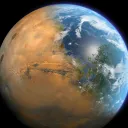 Photo illustration of a merging of Earth and Mars from outerspace.