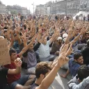 Syrian refugees strike in front of Budapest Keleti railway station.