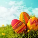 Decorative eggs in grass.