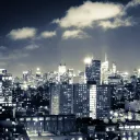 A large cityscape at night.