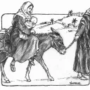 Illustration of Joseph and Mary fleeing to Egypt.