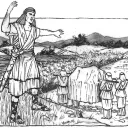 Illustration of Joshua and the crossing of the Jordan river.