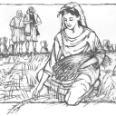 Illustration of Ruth picking grain.