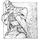 Illustration of King Nebchadnezzar back away from fiery furnace.