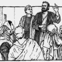 Illustration of Paul and Timothy preaching.
