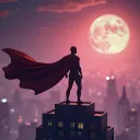 a superhero with a red cape silhouetted against a pink sky with a glowing moon above a cityscape
