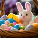 Basket full of Easter eggs with a stuffed rabbit