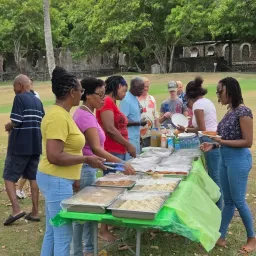 people in line for food at an outdoor table