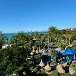 2024 Feast of Tabernacles Penang, Malaysia an overhead view of a hotel and resort by the ocean