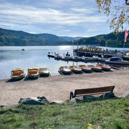 a lake with boats line up along the shore