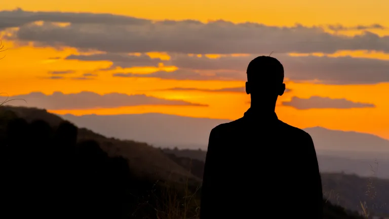 A person looking over a valley at sunset.