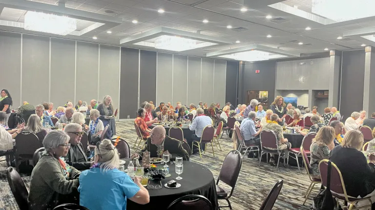 a group of people seated at dining tables in a large room