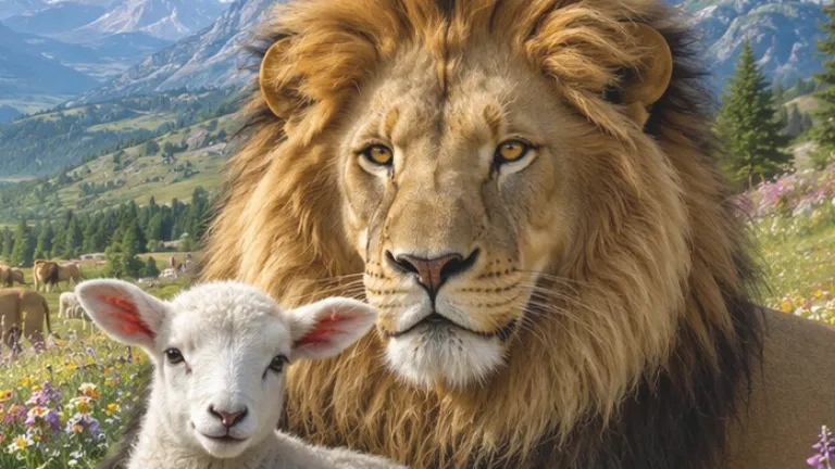 a lion and a lamb sitting together in a grassy field with mountains in the background