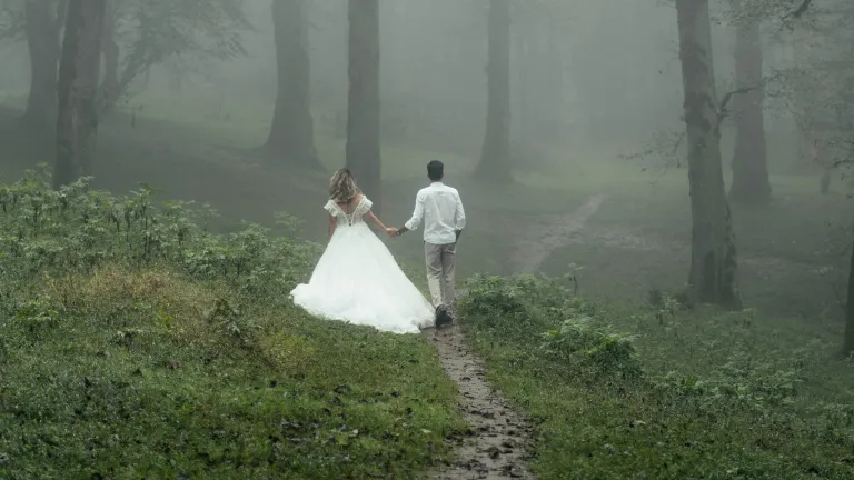 a bride and a groom walking outdoors into the mist