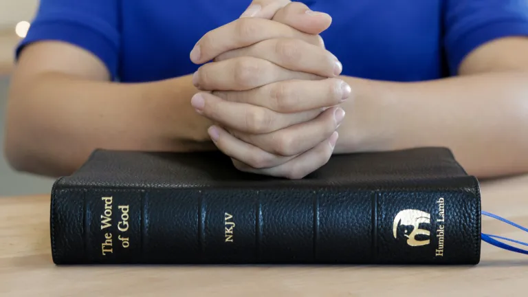 a man's folded hands on top of a Bible
