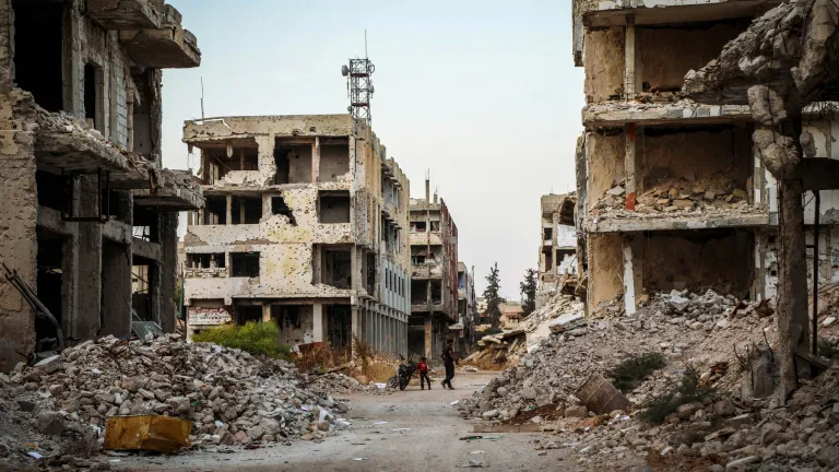 Daraa, a city in southwestern Syria, located 90 kilometres south of Damascus on the Damascus–Amman highway. A photo of bombed-out Daraa, a city in southwestern Syria, located 90 kilometres south of Damascus on the Damascus–Amman highway.