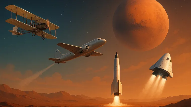 The Wright brothers achieved the first sustained and controlled flight of a powered, heavier-than-air aircraft in 1903. Just 66 years later, humans walked on the moon—and we’ve continued to push even farther into space with Mars as our next human destination. ChatGPT rendering showing technology from the first manned flight to rockets and spaceflight.