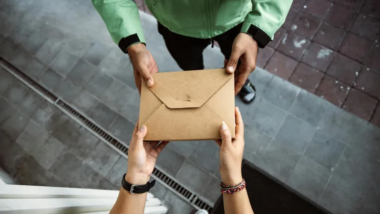 The hands of one person giving an envelope to the hands of another person