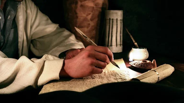 man writing by candlelight