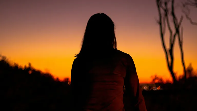 The silhouette of a woman with a red sky in the background.