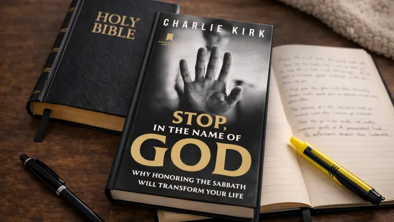 The book "Stop, in the Name of God" laying on a table with a Bible and notebook.