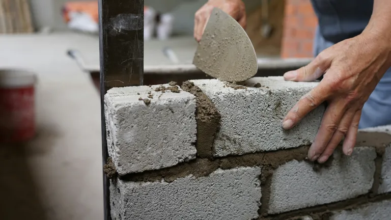 Brick wall being built with mortar