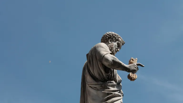 Peter was given an important leadership role in the early Church, but Jesus did not exalt him above the other apostles or establish him as the first pope with supreme authority. A statue of Peter in St. Peter’s Square, the Vatican.