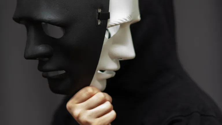 A mask with a black and white face.