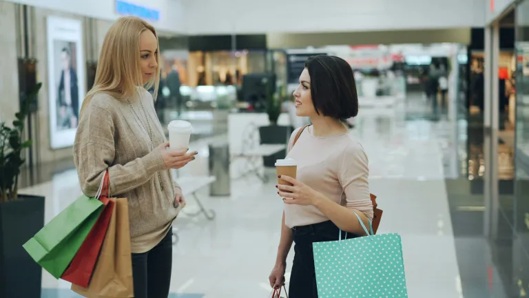 two women in a mall holding shopping bags and talking with one another