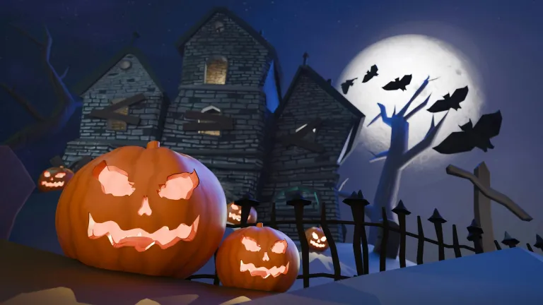 Jack-o-lanterns and bats around an old house