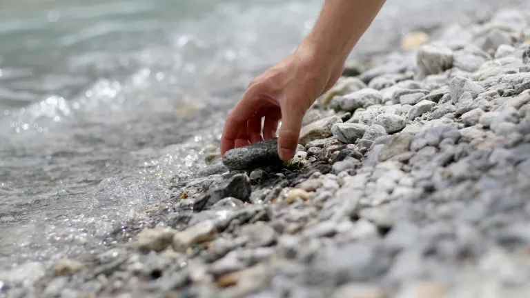 a hand picking up a rock from the seashore