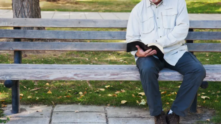 A man reading a Bible sitting on a park bench.