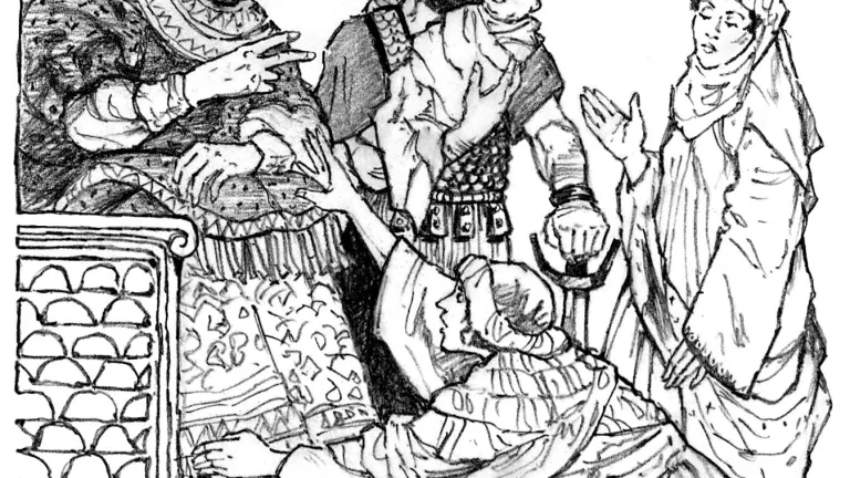 The two mothers’ reactions were worlds apart. The first mother pleaded with Solomon: “O my lord, give her the living child, and by no means kill him!” Illustration of Solomon with the two women and baby.