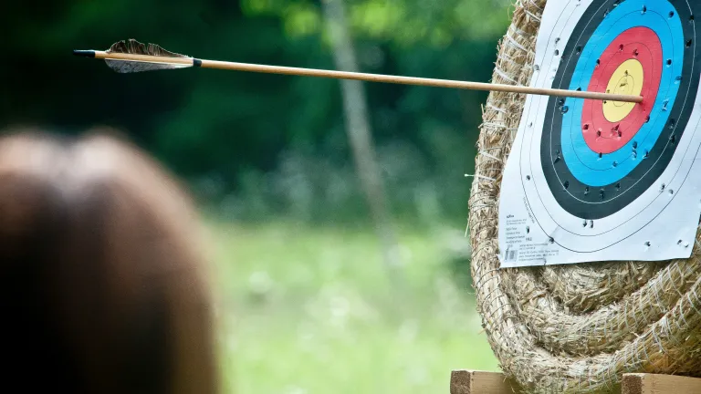 an archery target with an arrow piercing the red circle around the bullseye