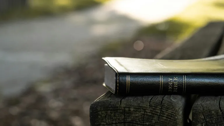 a Bible on a wooden bench outdoors