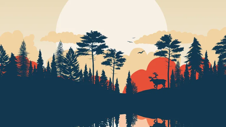 shapes of a forest, lake, moose and setting sun silhouetted in contrasting colors