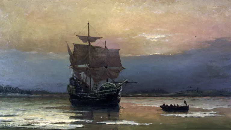&quot;Mayflower in Plymouth Harbor,&quot; by William Halsall, 1882 at Pilgrim Hall Museum, Plymouth, Massachusetts, USA