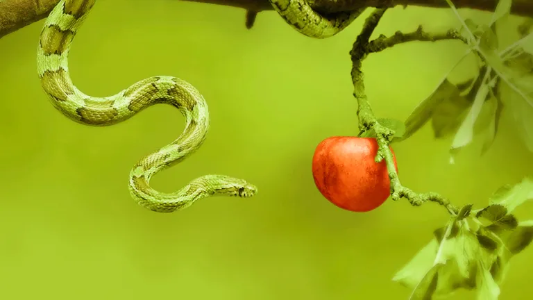 Human failure started in the Garden of Eden. Adam and Eve had the opportunity to choose for mankind an easier path, one filled with direct contact and assistance from God. Instead they chose to trust their own perceptions of good versus evil. An green snake wrapped around an apple tree branch.