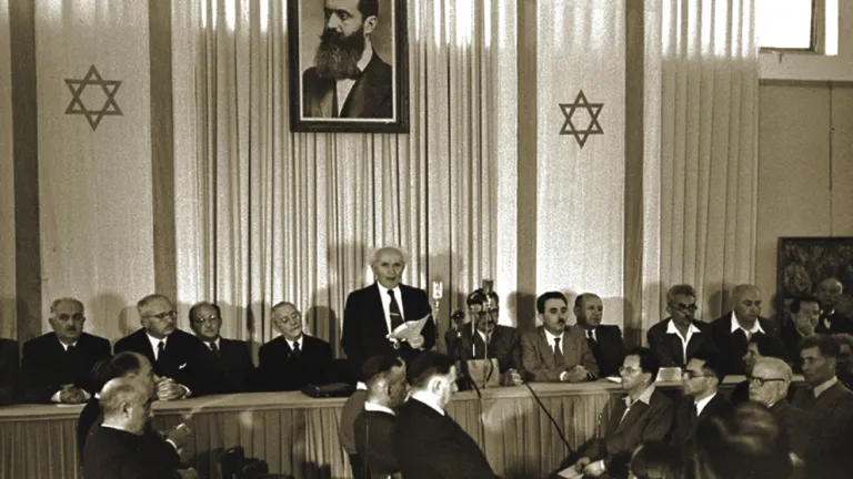 David Ben Gurion, Israel’s first prime minister, declares the birth of the modern state of Israel on May 15, 1948, just before the British Mandate was due to end. David Ben Gurion, Israel’s first prime minister, declares the birth of the modern state of Israel on May 15, 1948, just before the British Mandate was due to end.