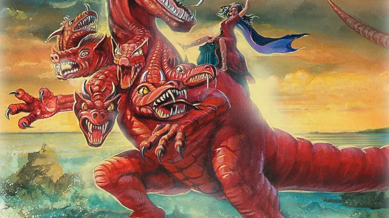 Revelation 17 describes John’s vision of a beast representing an end-time geopolitical superpower, its 10 horns symbolizing 10 leaders who will receive power for a short time just before Jesus Christ's return. Artist rendition of John's vision in Revelation 17.
