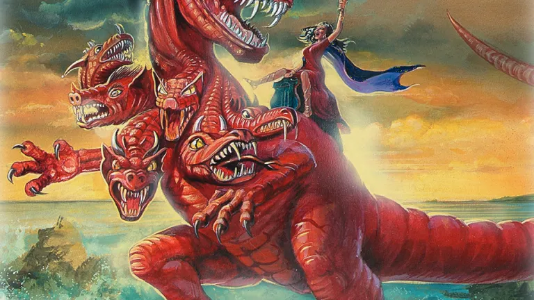 An artist's rendition of the woman riding the beast mentioned in Revelation 17.