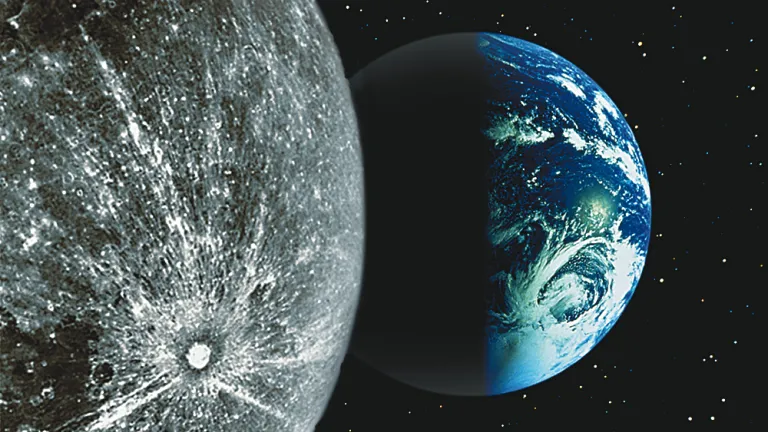 A photo of the Earth and moon from space.