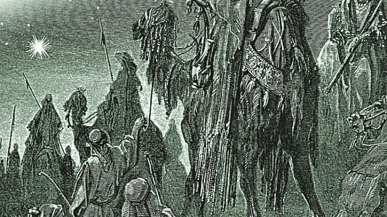 Did the wise men, as nativity scenes often depict, arrive to find Jesus in a stable manger? Artist woodcut of three wise men.