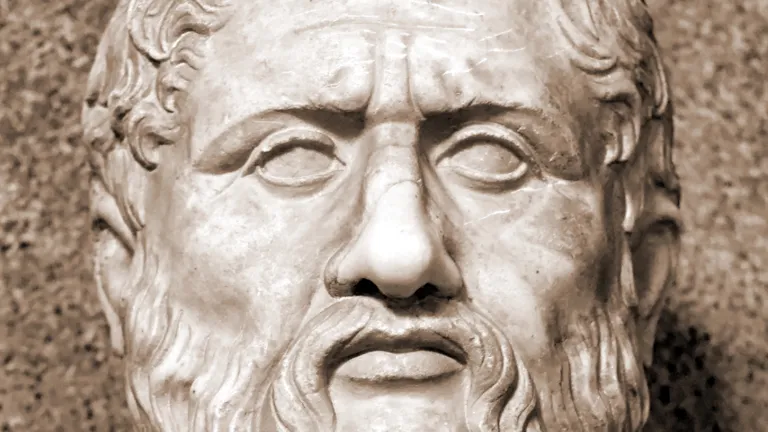 A bust of Plato's face in stone.