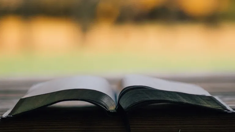 A Bible opened to the beginning of the New Testament.