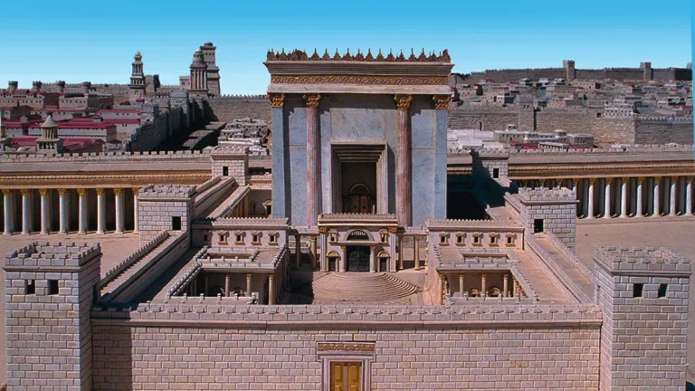 At Christ’s death the massive curtain that separated the Holy of Holies from the rest of the temple was torn from from top to bottom, signifying that mankind now has direct access to God the Father through Christ’s sacrifice. A model of the temple.