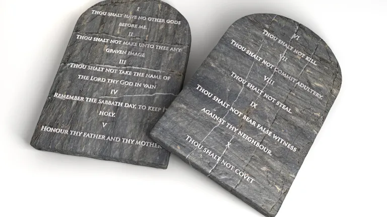 The Bible shows that the Ten Commandments did not originate with Moses or in his time. Stone tablets inscribed with the Ten Commandments.