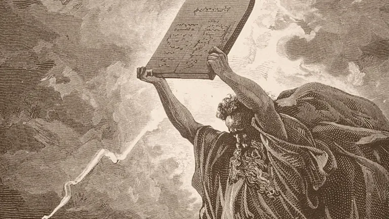 Artist illustration of Moses holding the Ten Commandments