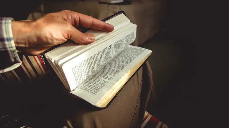Take time to ponder what you have been learning from the Bible. A man holding a Bible on its lap flipping through pages.