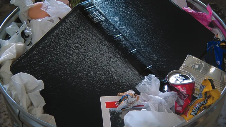 A Bible lying on garbage in a trash can.